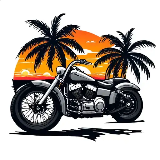 Motorcycle And Palm Trees Colors Sunset
