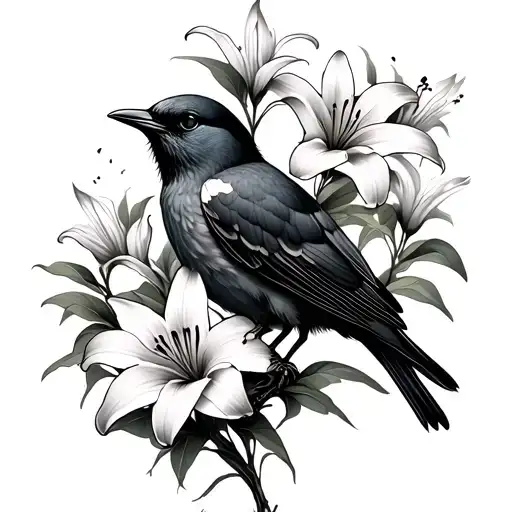 Dead Lily Flowers And A Broken Bird