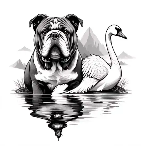Realistic Tattoo Template With A Bulldog And A Standing Bear On The Left And A Swan On The Side