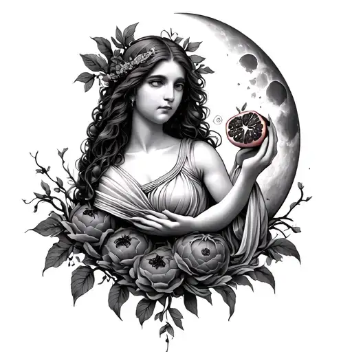 Persephone Holding A Pomegranate Surrounded By Moon