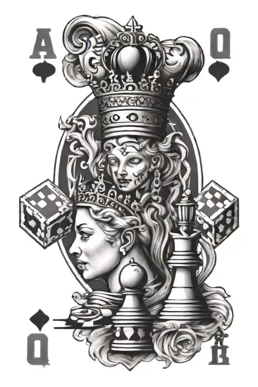 Solitaire Cards Face Down With A Queen On Show With A Chess Piece And A Trivial Pursuit Game Piece