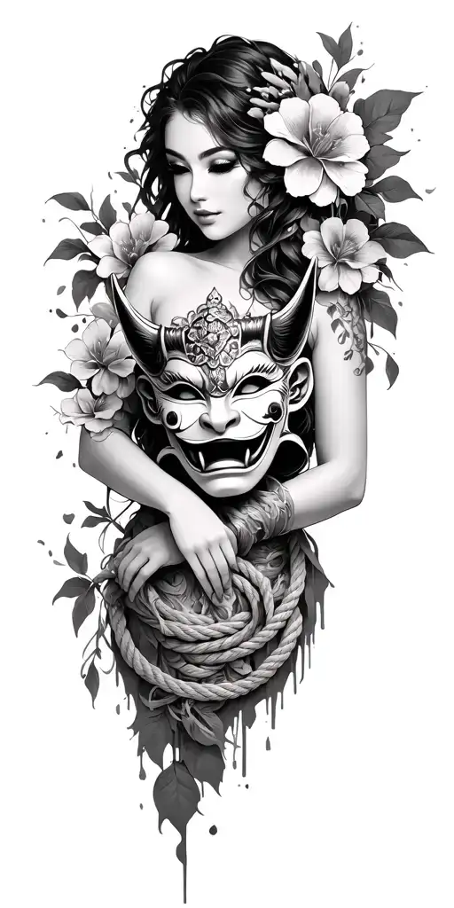 A Beautiful Woman Holding An Oni Mask With Flowers And Rope As Decoration