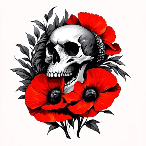 Crow Skull And Red Poppys