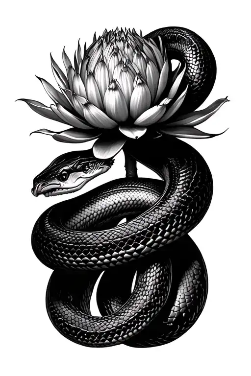 Protea Flower With Stem And Black Mamba Snake Wrapped