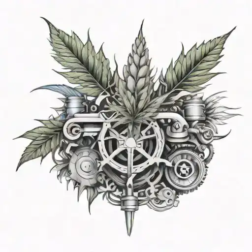 Design A Tattoo Of A Cannabis Leaf Intertwined With Intricate Car Engine Parts
