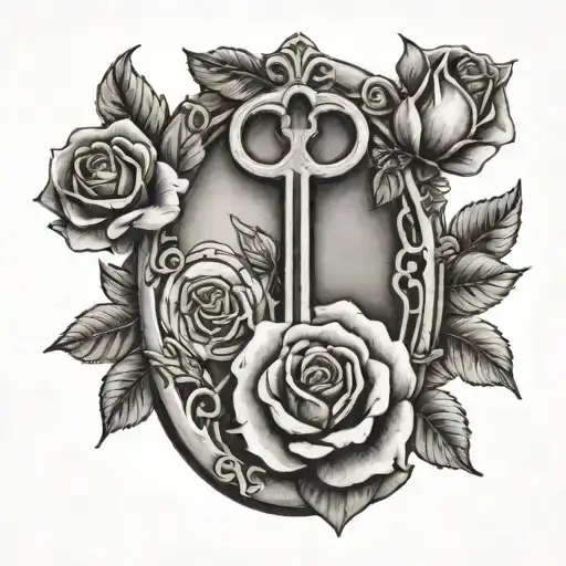 Old Key With Roses In The Middle And A Sun Above The Top Of The Key