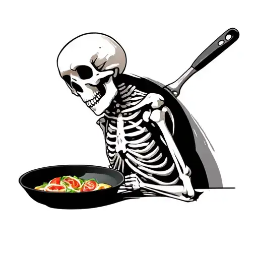 Skeleton With Frying Pan Behind Her Back