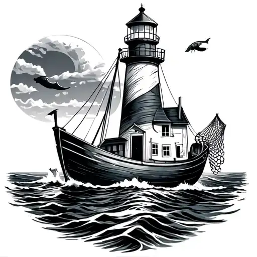 Lighthouse With A Fishing Boat With Fish Net