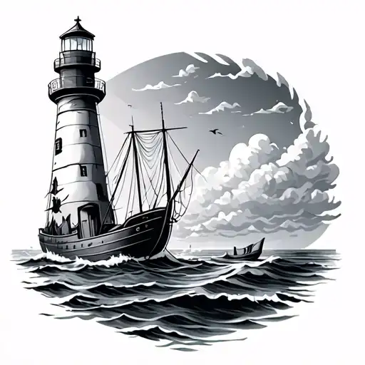 Lighthouse With A Fishing Boat With Fish Net