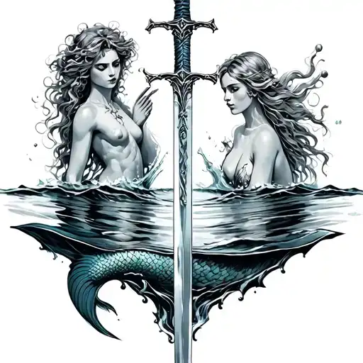 Sword Dipped In Water With Fair On Top And Mermaid On Bottom