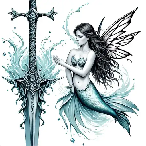 Sword Dipped In Water With Fairy On Top And Mermaid On Bottom