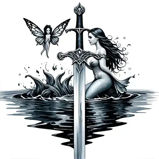 Sword Dipped In Water With Fairy On Top Of Sword And Mermaid On Bottom Of Sword