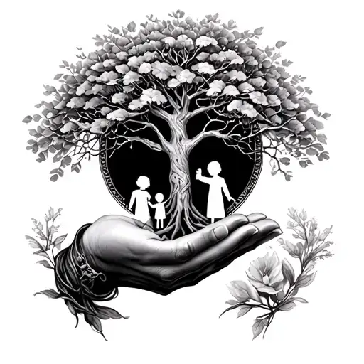 Worker Hand And Beautiful Woman Hand Holding The Tree Of Life With A Girl And Boy Children