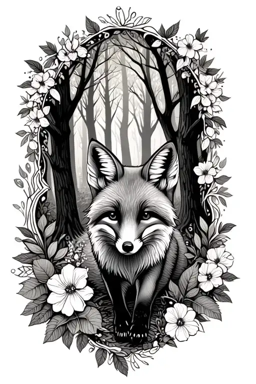 Floral Lace Background With Fox Running Through Forest
