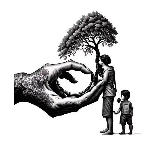 Worker Hand And Beautiful Woman Hand Grabing The Tree Of Life With A Girl And Boy Children