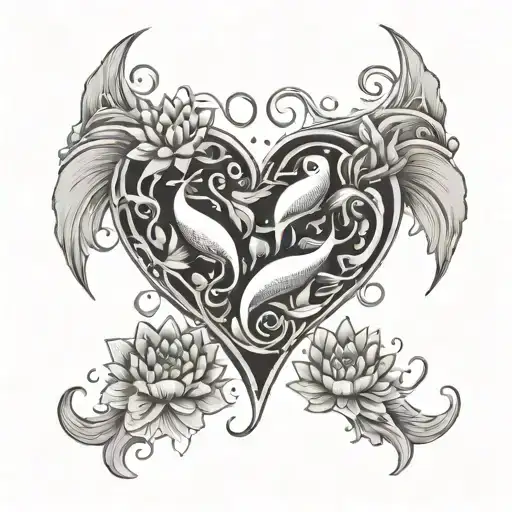 Family Of Fish Hooks Forming A Heart Shape With Lotus Flowers In The Background