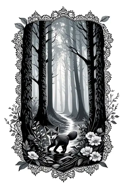 Floral Lace Background With Small Fox Running Through Forest
