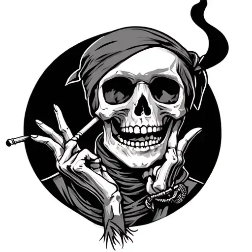 Half Of Skeleton Smoking A Joint Wearing Bandana Around Neck With Both Middle Fingers Up