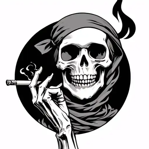 Half Of Skeleton Smoking A Joint Wearing Bandana Around Neck With Both Middle Fingers Up