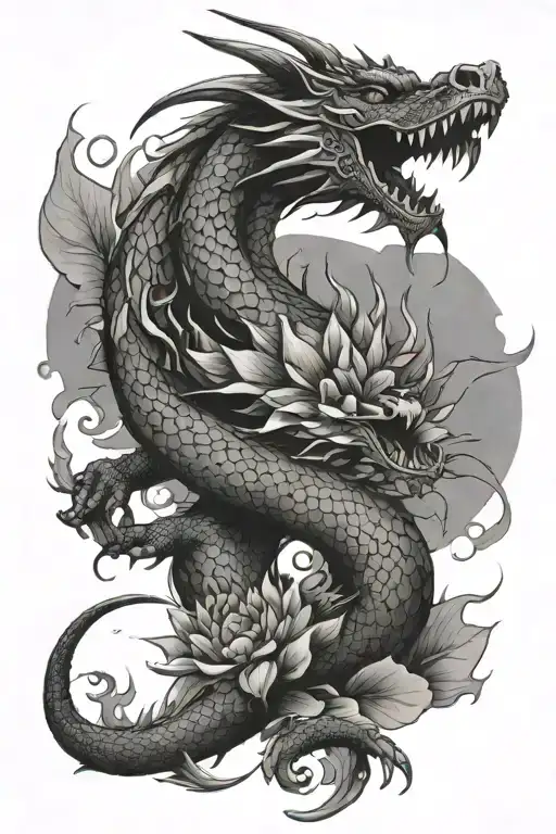 Dragon With Fire And Lotus Flowers