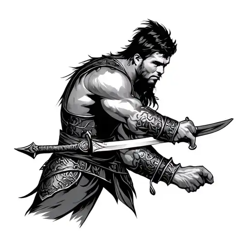 Gladiator Attack Pose With Sword Drawn