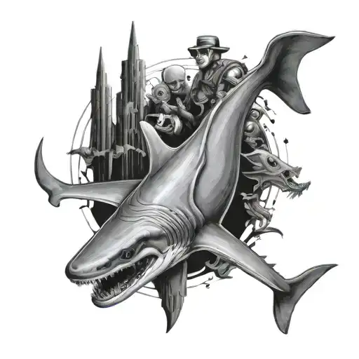 An Intricate Black And Grey Tattoo Of A Hammerhead Shark Surrounded By Gaming Characters