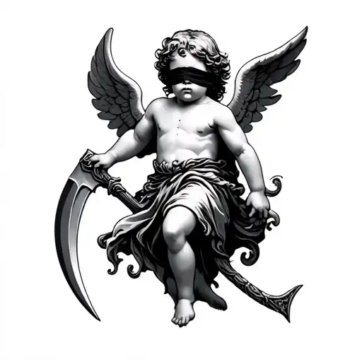 Blindfold Cherub Holding Scythe Hovering