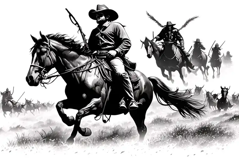 Cowboy On A Horse Looking Up At The Sky At Ghost Riders Chasing A Herd In A Storm
