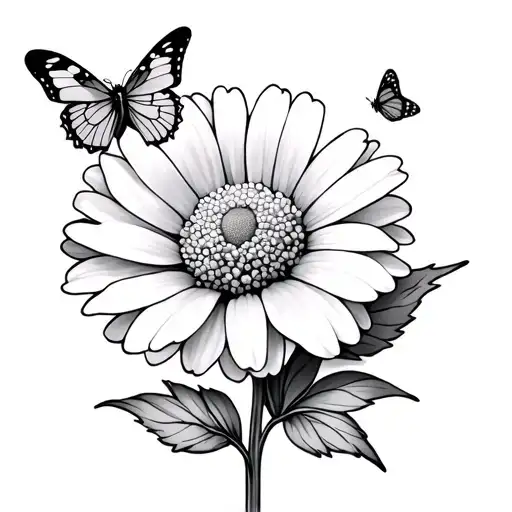 Simple Little Detail Black And White Carnation And Daisy Flower With A Small Butterfly On Leaf