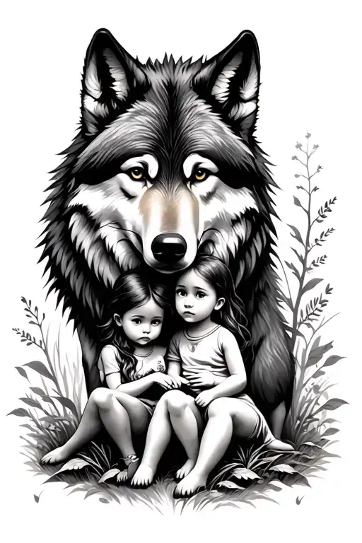 Wolf And Baby Girl Sitting With Him In Nature