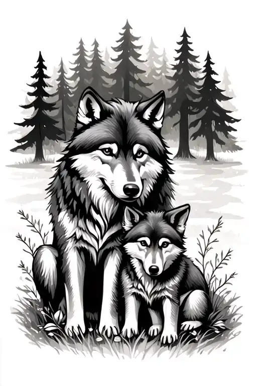 Wolf And Baby Wolf Sitting With Him In Nature Elements Like Trees