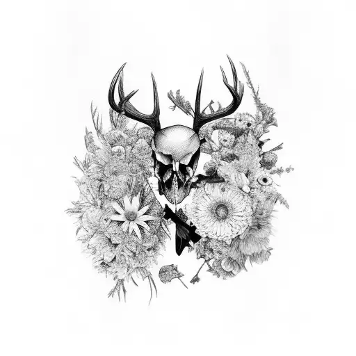 Hunter Woman On Deer Skull Flowers