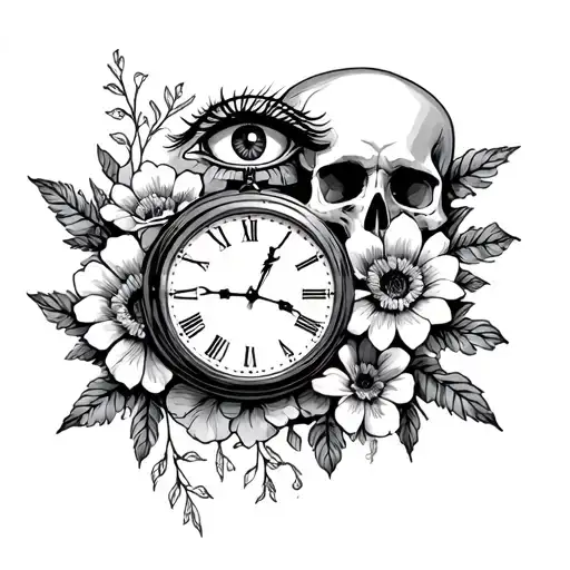 Clock With Eye Next To A Skull Surrounded By Flowers
