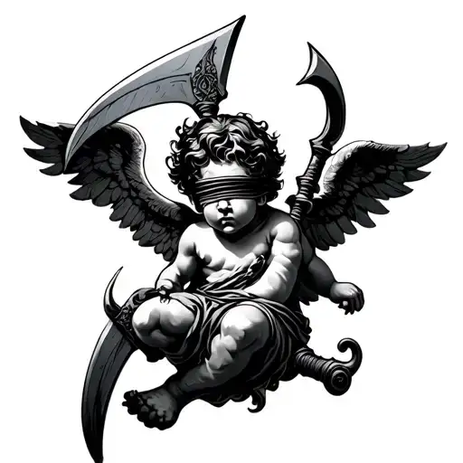 Cherub Blindfold Holding Scythe Hovering