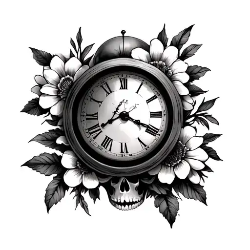 Eye Within A Clock Next To A Skull Surrounded By Flowers
