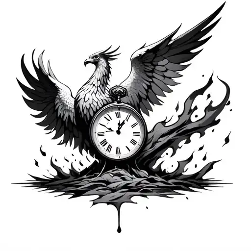 Phoenix Rising From Ashes With A Clock Melting