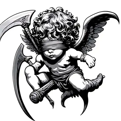 Cherub Blindfold Holding Scythe Hovering