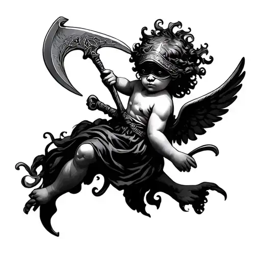 Cherub Blindfold Holding Scythe Hovering