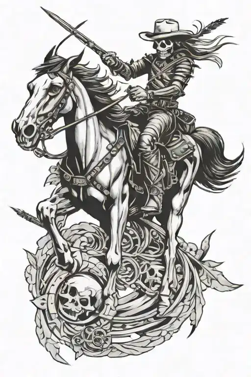 Skeleton Cowboy Riding Horse With Arrows In Him