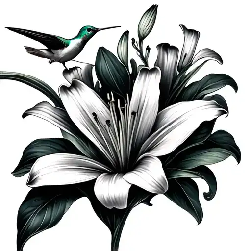 Lily Flowers With Hummingbird Sipping Nectar