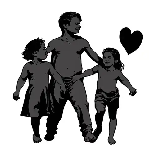 Father With Two Children Holding Hands