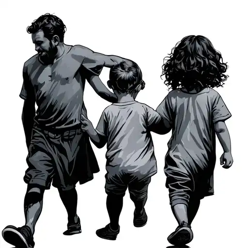 Father With Two Children Walking