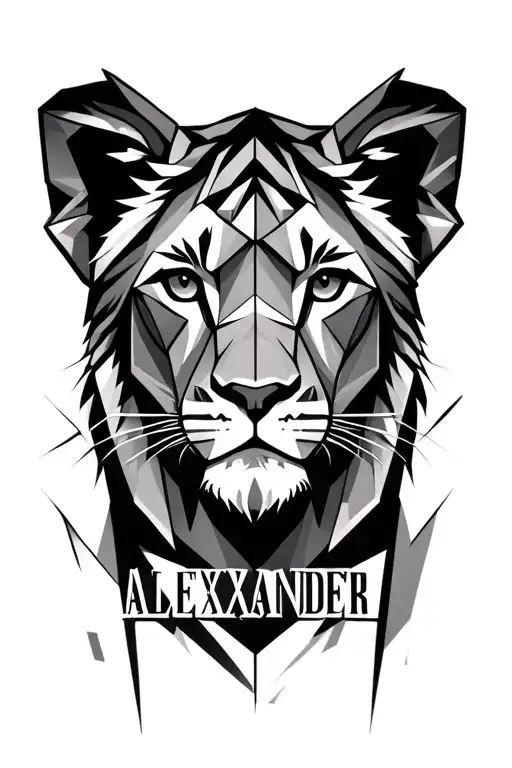 Geometric Lion Cub Face Surrounded By Geometric Lines With Alexander Written Under It