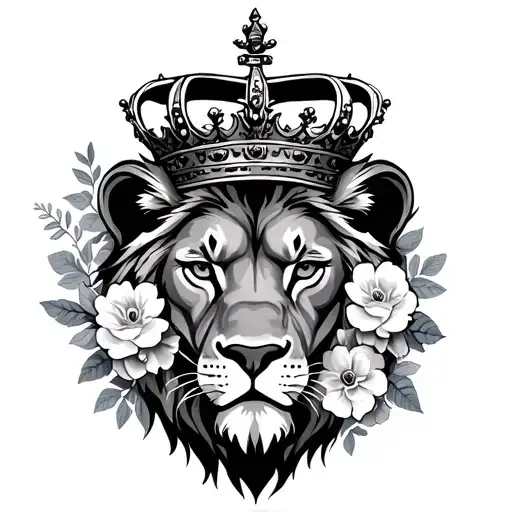 Lion Face With Crown Surrounded With Flowers