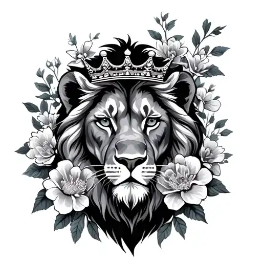 Lion Face With Crown Surrounded With Flowers Blooming