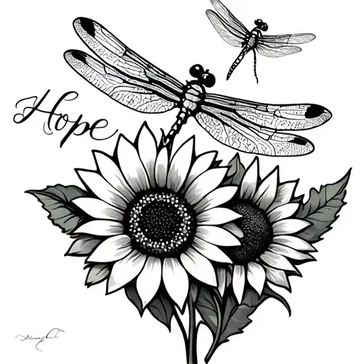 Hope In Cursive Writing With A Dragonfly And Sunflower