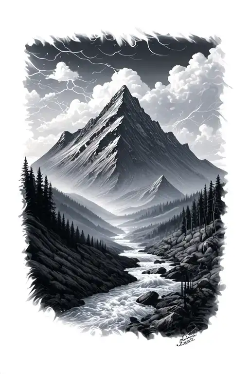 Mountain Peak With Cloud Lighting Storm River Flowing Realistic