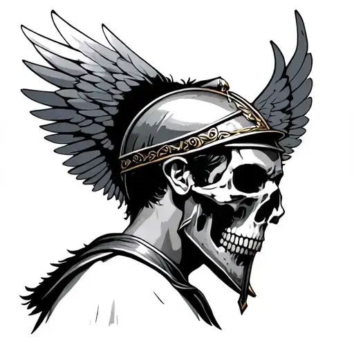 Side Shot Of Roman Soldier With Skull As Face With Wings