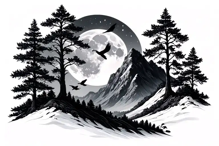 Nature Trees Mountain Moon Birds Tatto