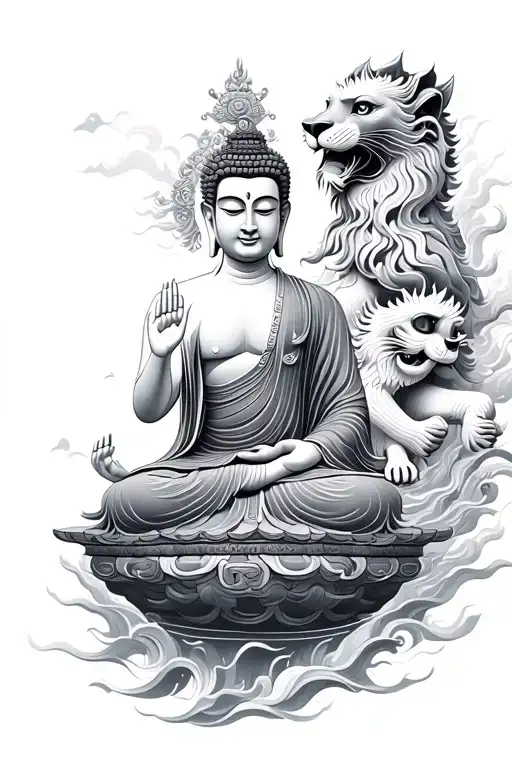 Buddha Floating And Chinese Lions